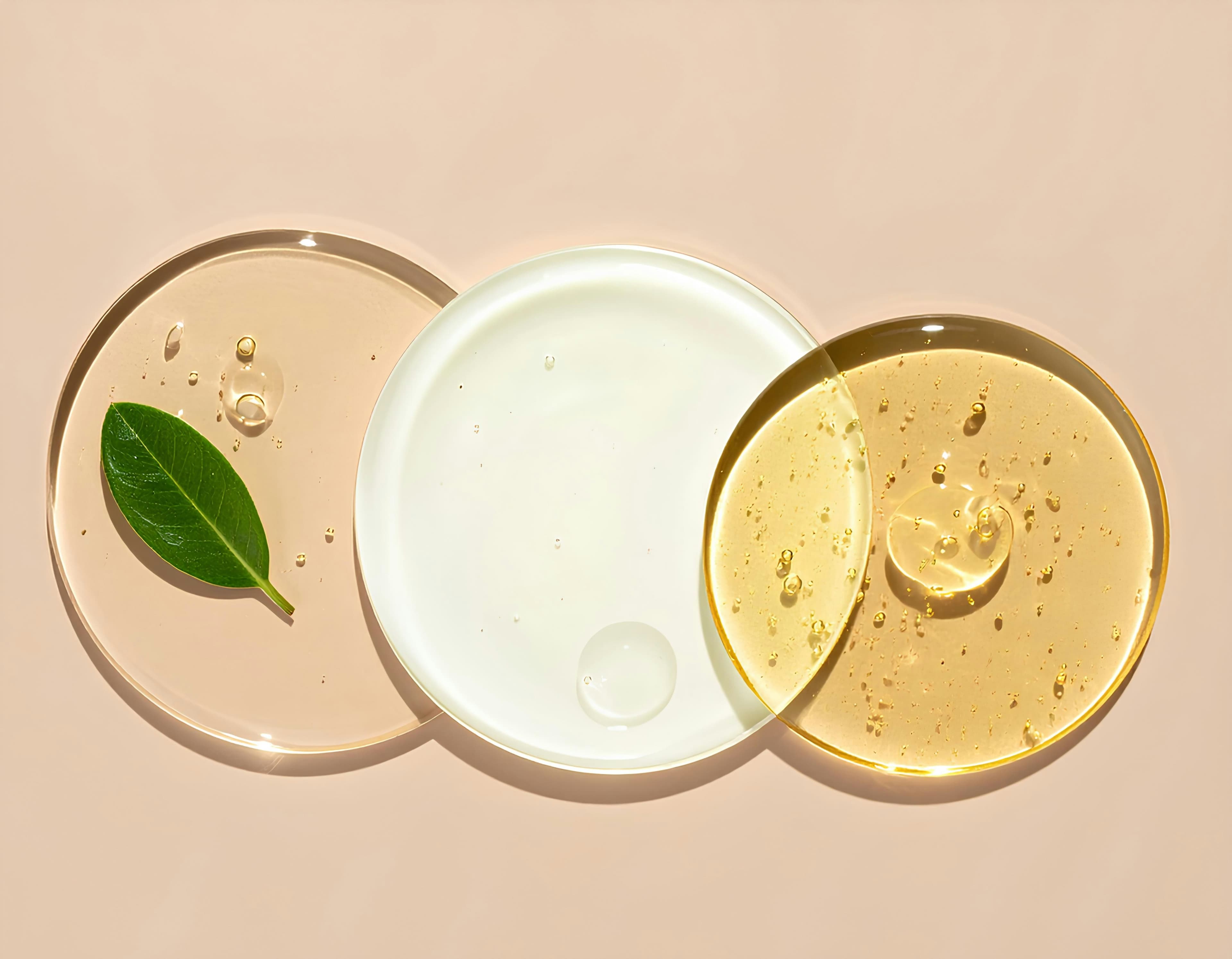 Three overlapping clear dishes holding gel, milky serum and golden oil, with a small green leaf, on a peach background.