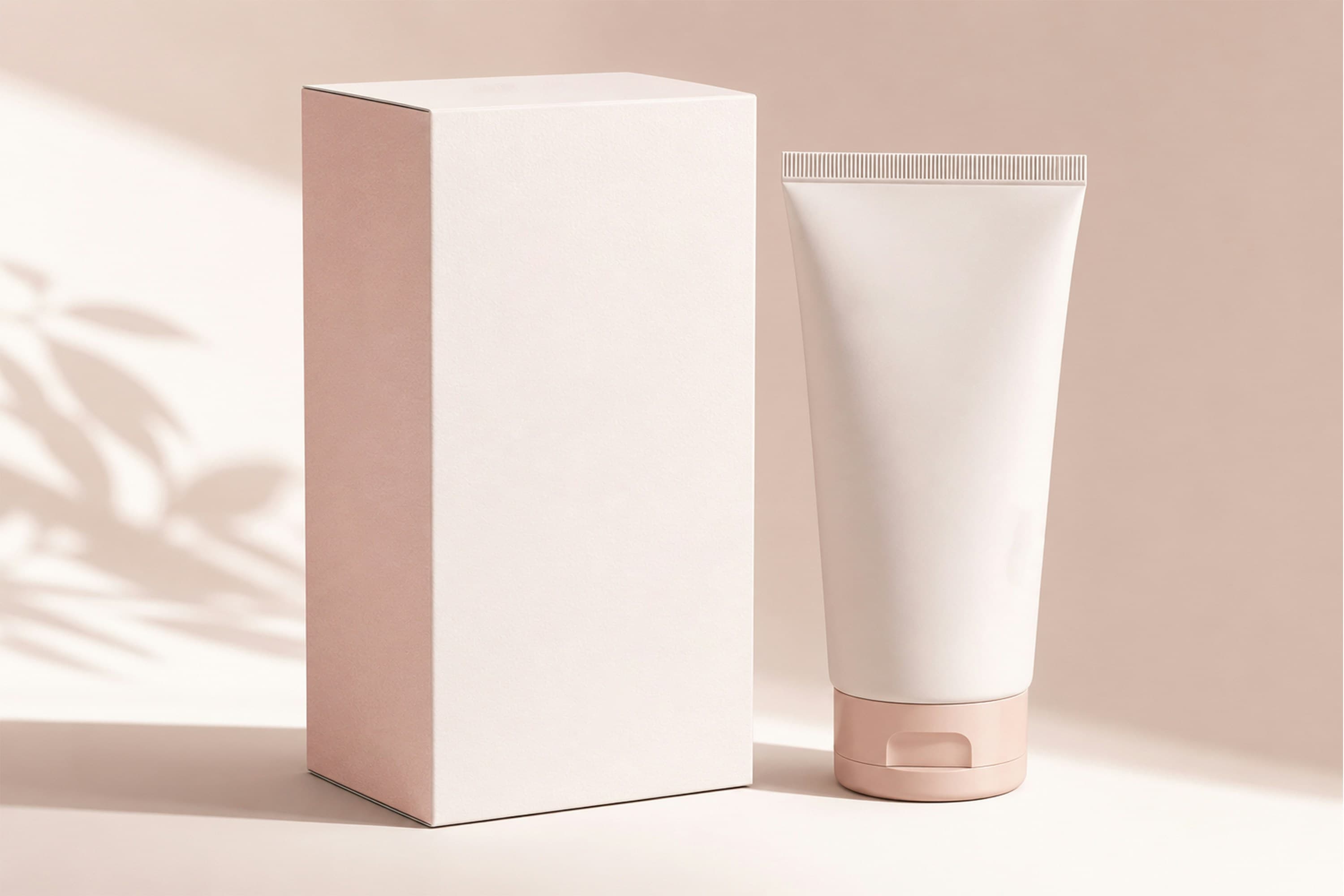 Blank blush-pink carton standing beside a white cream tube with a pink cap, with soft leaf shadows on a pink wall.